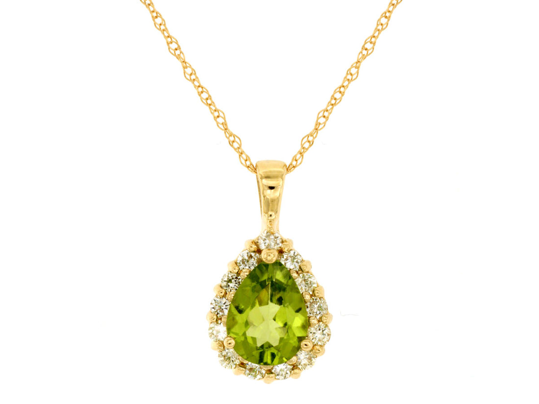 14 Karat Yellow Gold Halo Necklace with Cable Chain featuring Pear Shape Peridot Gemstone, Round Shape Natural Diamond