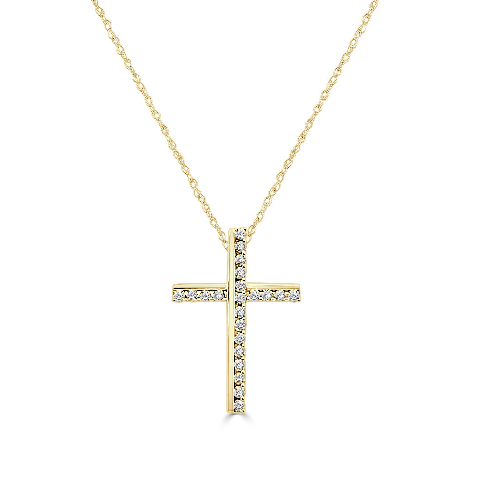 Dazzling Double Line Cross Pendant Necklace in 10 Karat Yellow Gold with Round Shape Natural Diamond