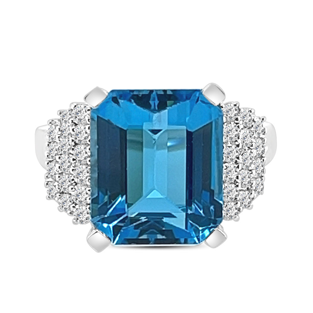 Swiss Blue Topaz and Diamond Emerald Shape Ring Necklace in 14 Karat White Gold - 8.00 Carat