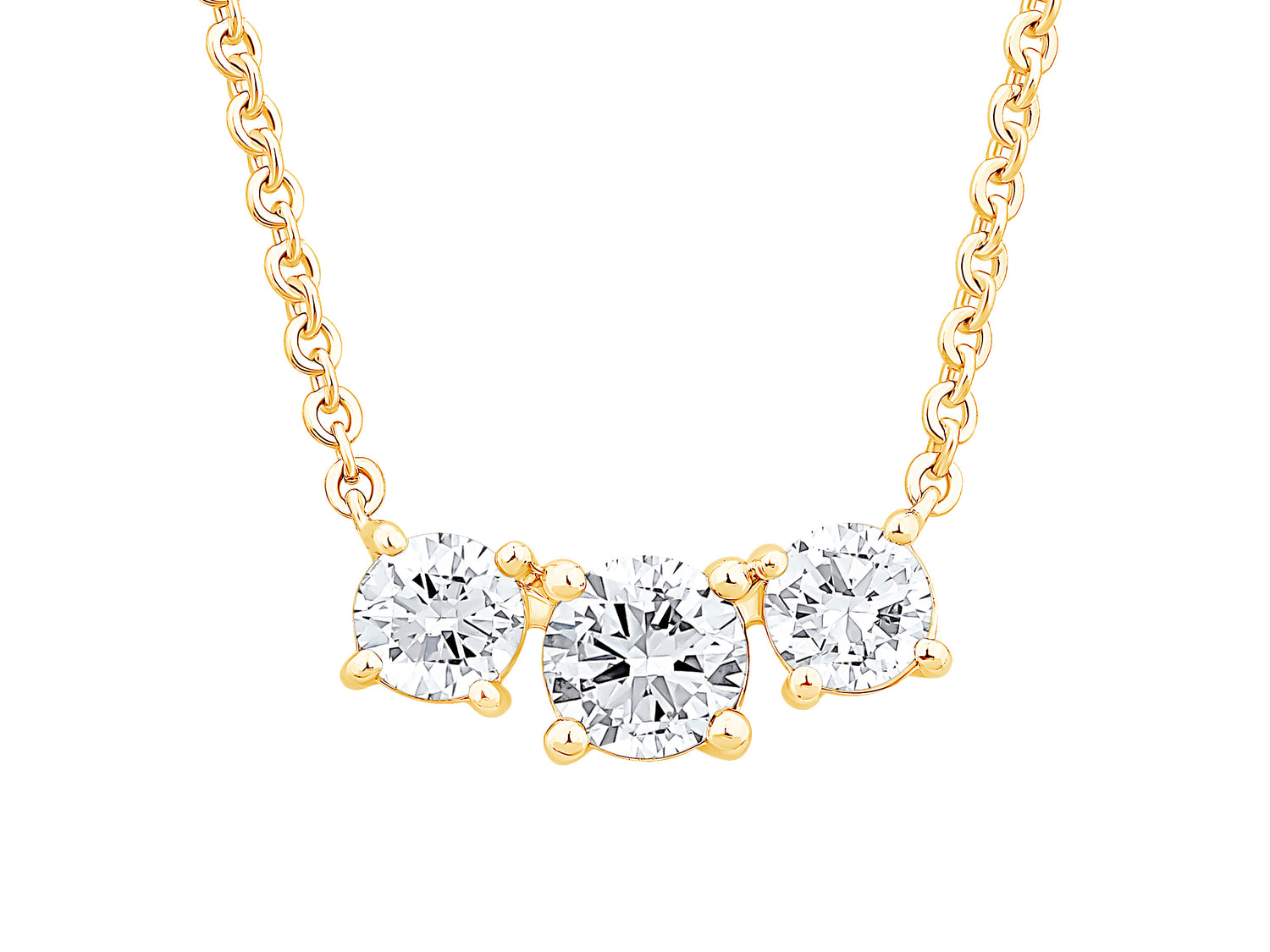14K Yellow Gold Three Stone Curved Pendant Necklace with 1.50ct Lab Diamond in Round Shape