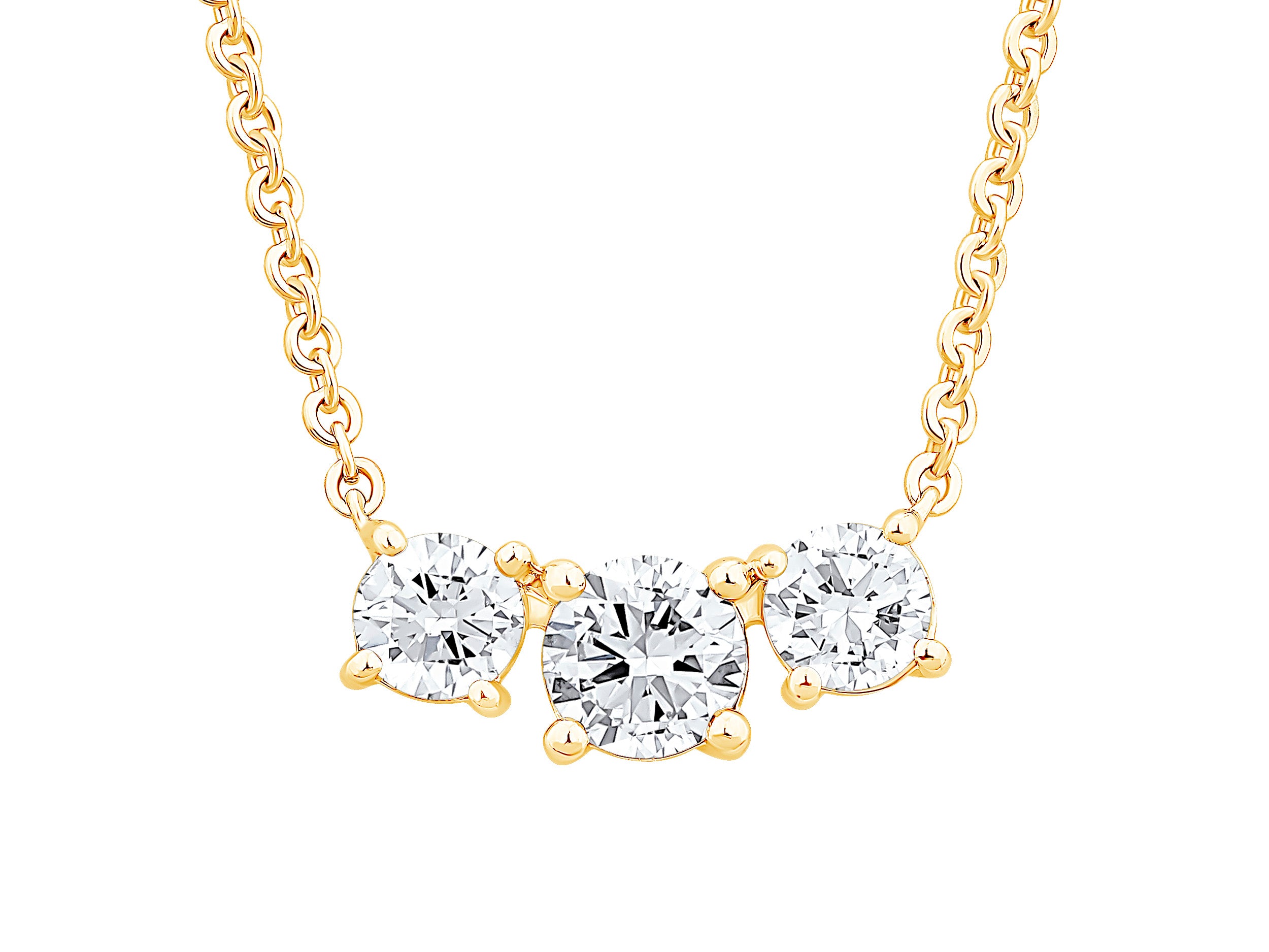 14K Yellow Gold Three Stone Curved Pendant Necklace with 1.50ct Lab Diamond in Round Shape