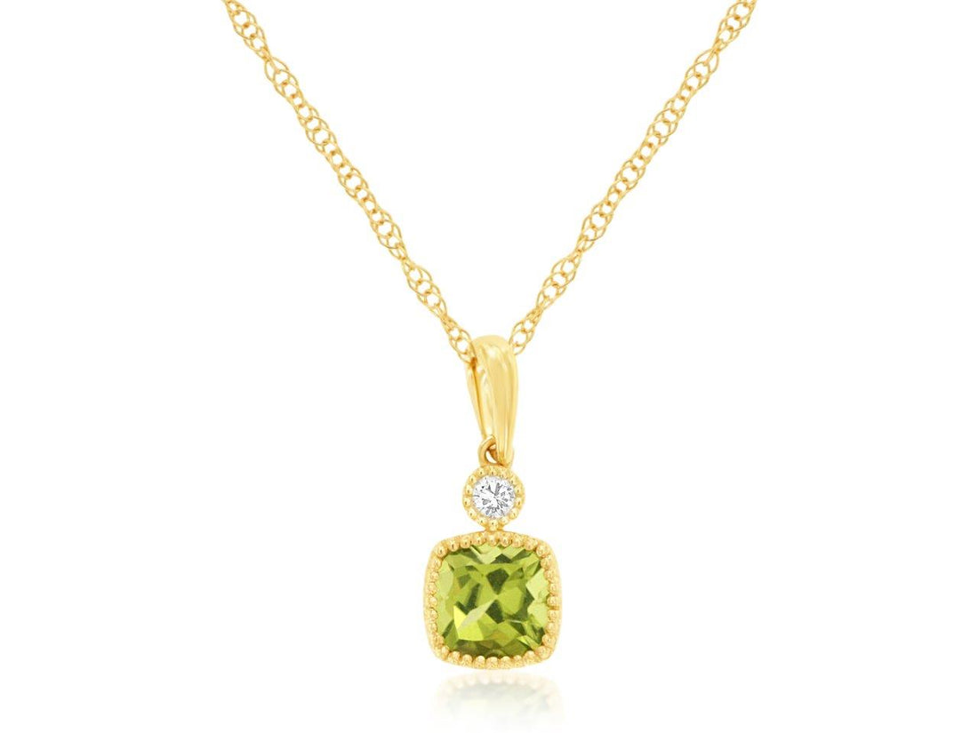 14K Yellow Gold Beaded Bezel Necklace with Cushion-Cut Citrine, Natural Diamond Accents and Cable Chain