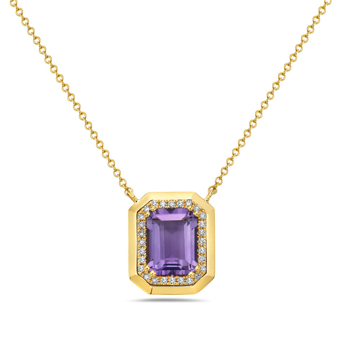 14K Yellow Gold Emerald Shape Amethyst and Diamond Necklace