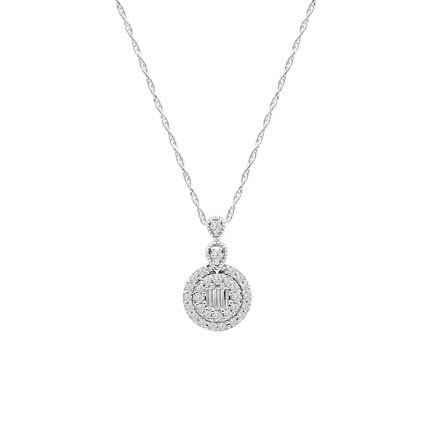 14 Karat White Gold Double Halo Mosaic Drop Necklace with 0.20 Carat Natural Diamond