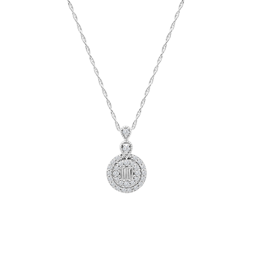 14 Karat White Gold Double Halo Mosaic Drop Necklace with Natural Diamond Accent