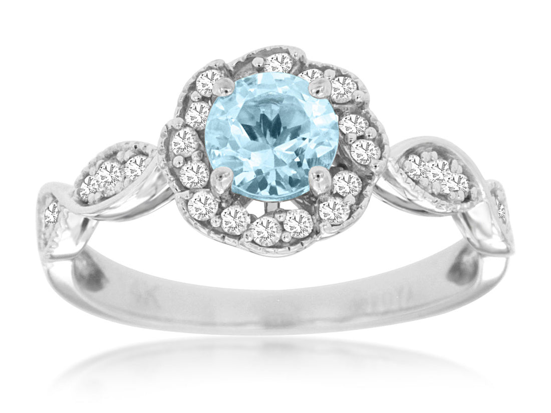 14 Karat White Gold Aquamarine and Diamond Ring, Round Shape, 0.55 Carat