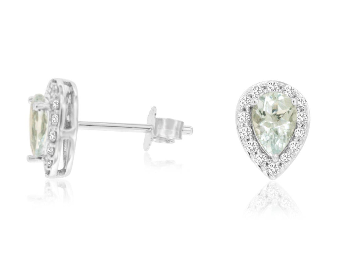 14 Karat White Gold Halo Stud Earrings with Aquamarine Gemstone and Natural Diamonds
