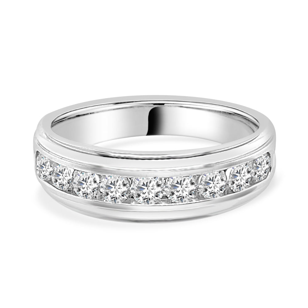 Classic Elegance: 14 Karat White Gold Raised Bevel Channel Set Wedding Band with 1.00 Carat Round Natural Diamond