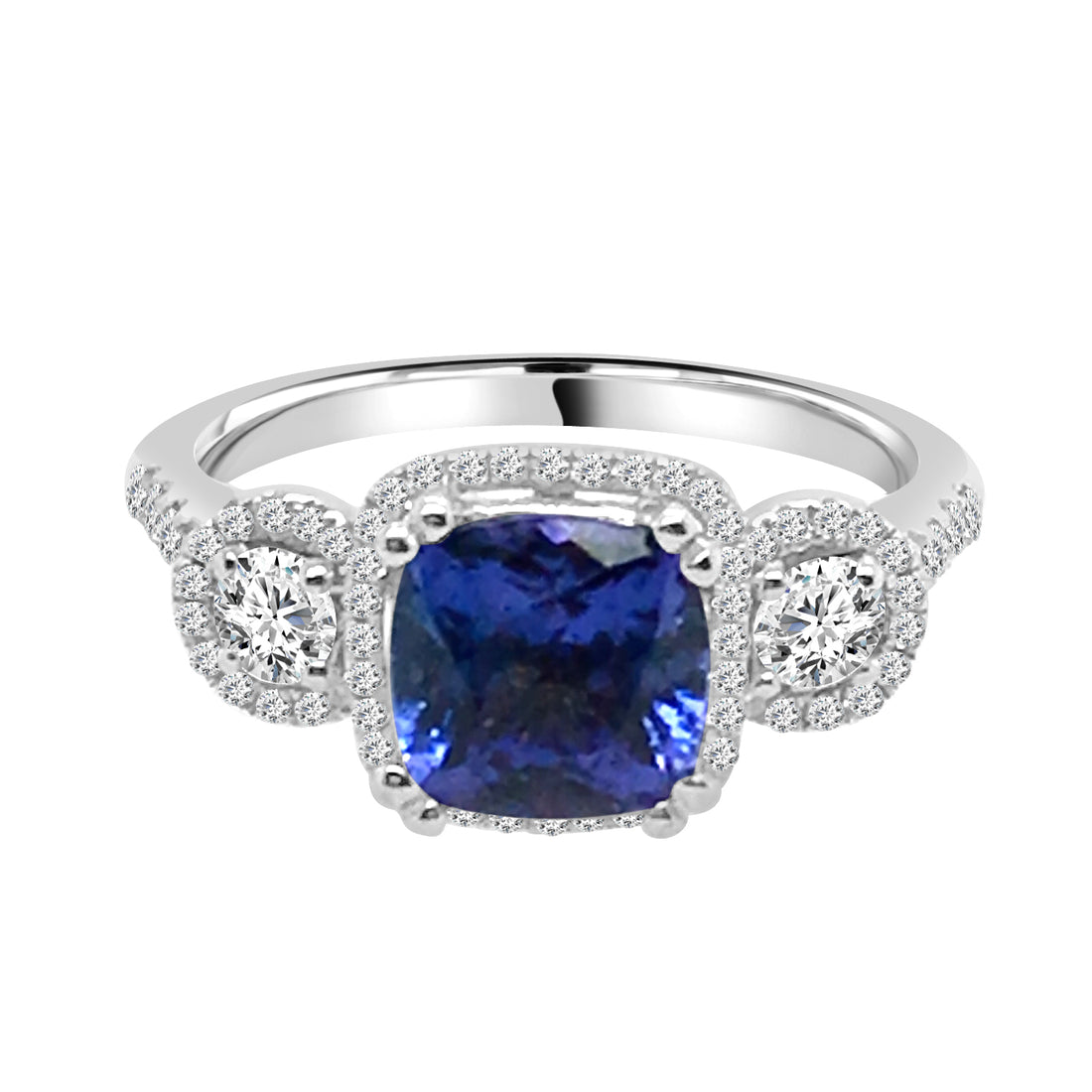Fancy 3 Stone Halo Tanzanite Ring in 14 Karat White Gold - 1.72 Carats