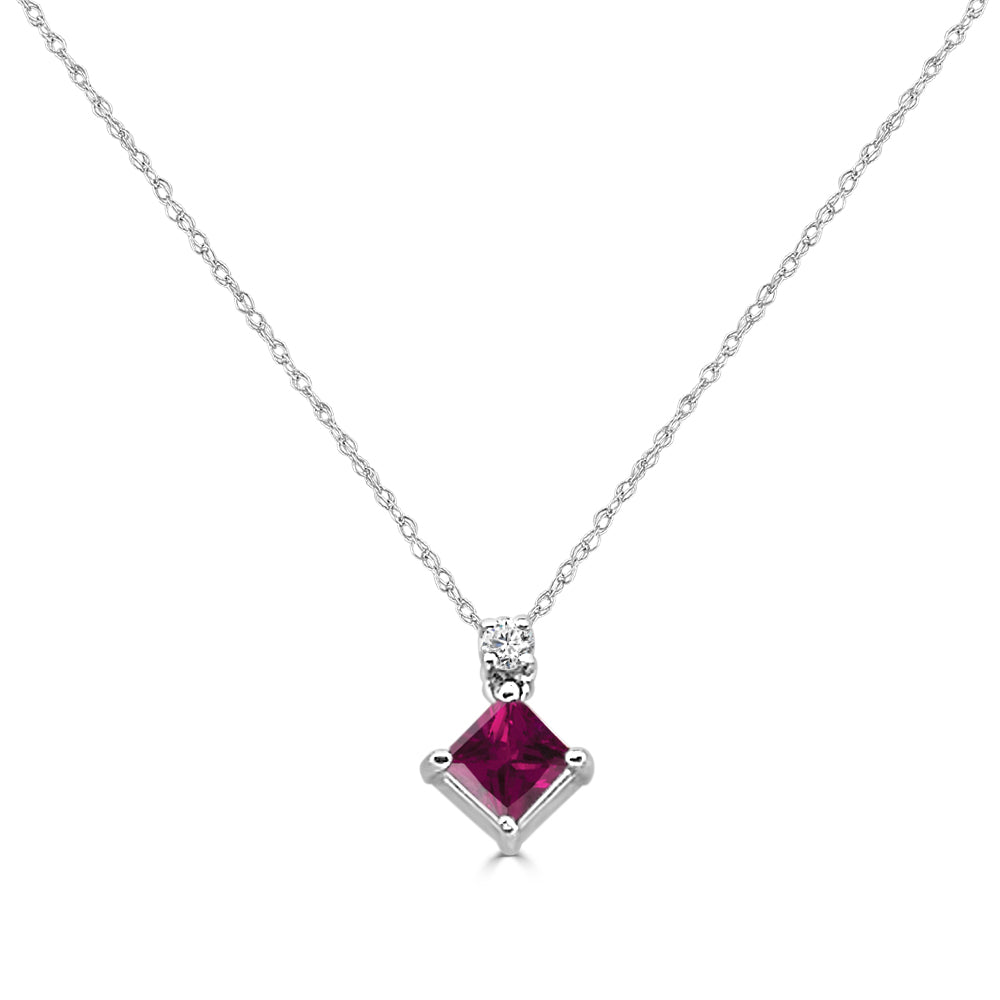 Ruby Dreams: 14K Yellow Gold Princess Cut Ruby and Diamond Necklace (0.65 ct)