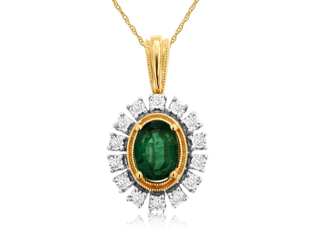 14 Karat Yellow Gold Cable Necklace with Oval Emerald and Round Diamond Accents