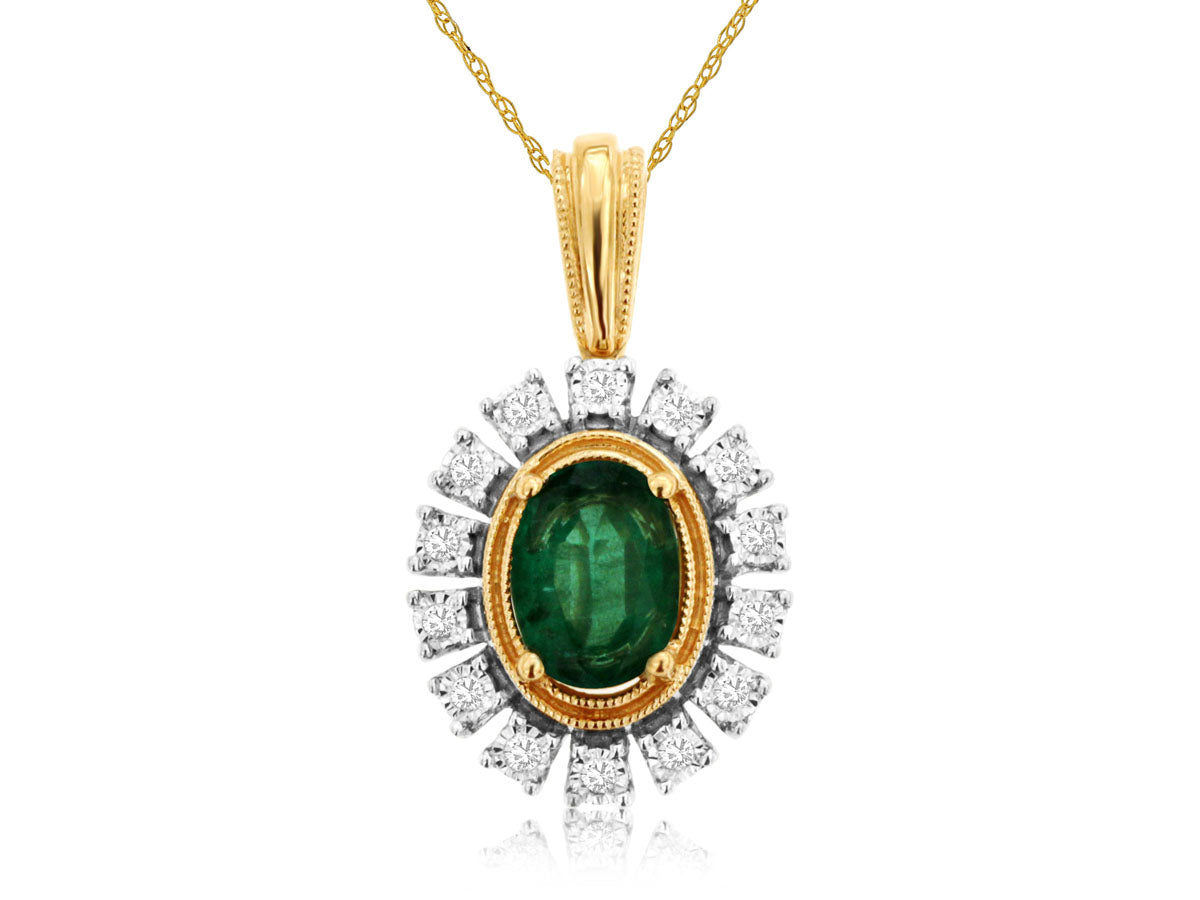 14 Karat Yellow Gold Cable Necklace with Oval Emerald and Round Diamond Accents