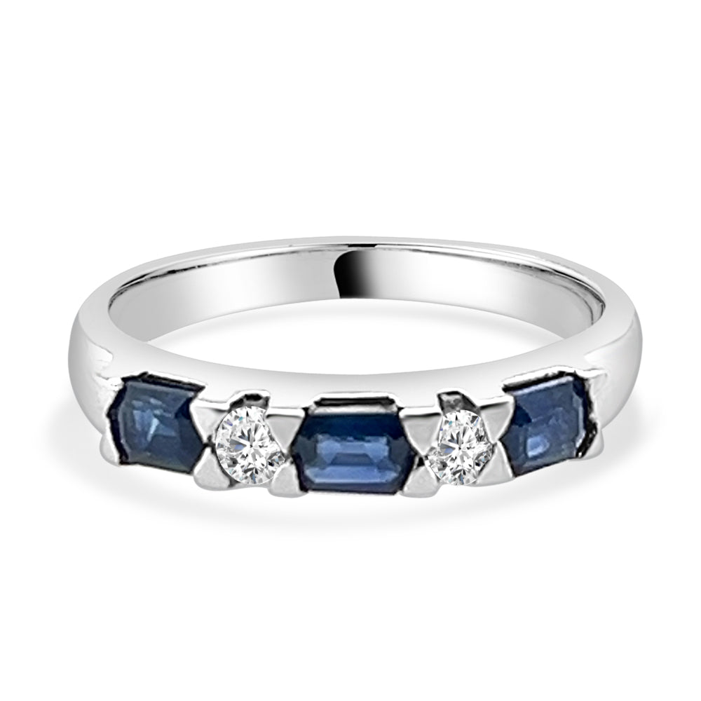 14K White Gold Emerald Shape Blue Sapphire and Diamond Band - 1.05 Carat