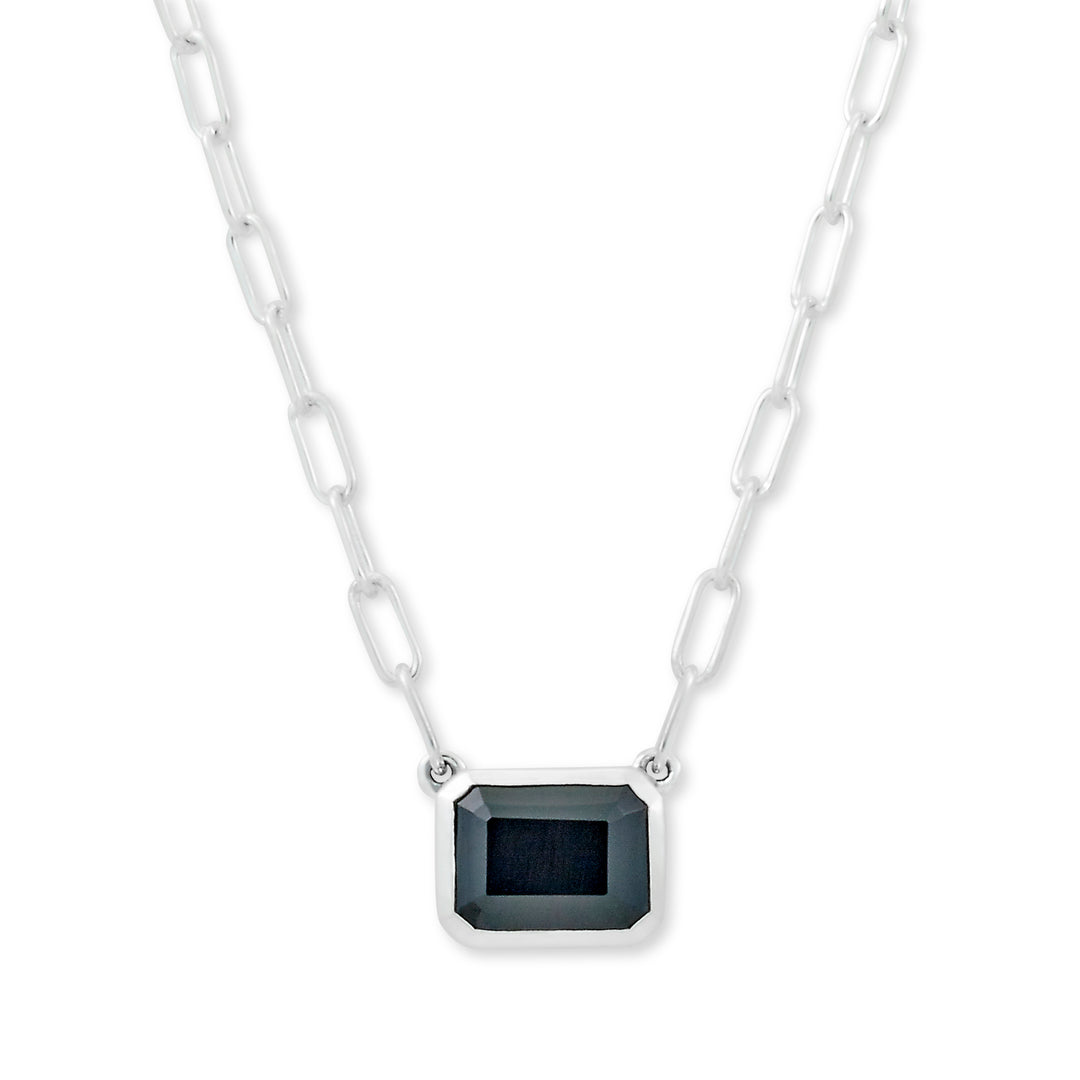 Sterling Silver Emerald Cut Solitaire Necklace with Black Spinel Accent