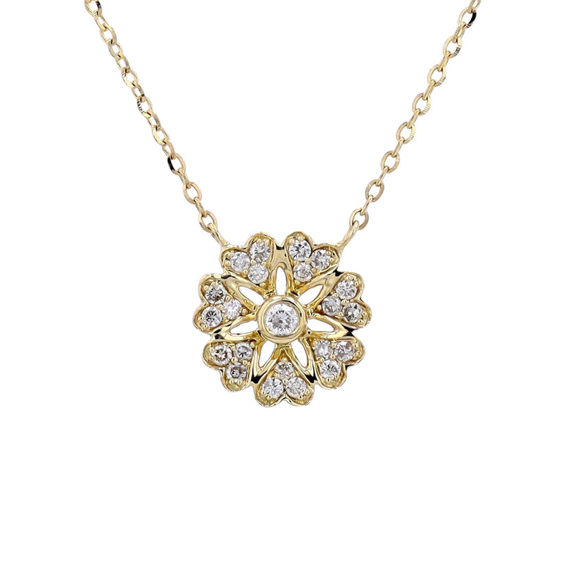 Floral Pendant Necklace in 14 Karat Yellow Gold with Natural Diamond (Round Shape: 0.14 Carat)