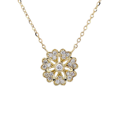 Floral Pendant Necklace in 14 Karat Yellow Gold with Natural Diamond (Round Shape: 0.14 Carat)
