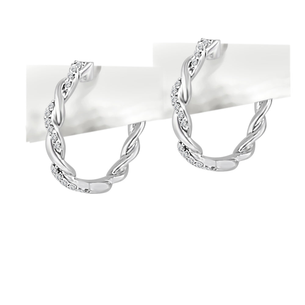 10K White Gold Twisted Huggie Earrings with Natural 0.10ct Round Diamond