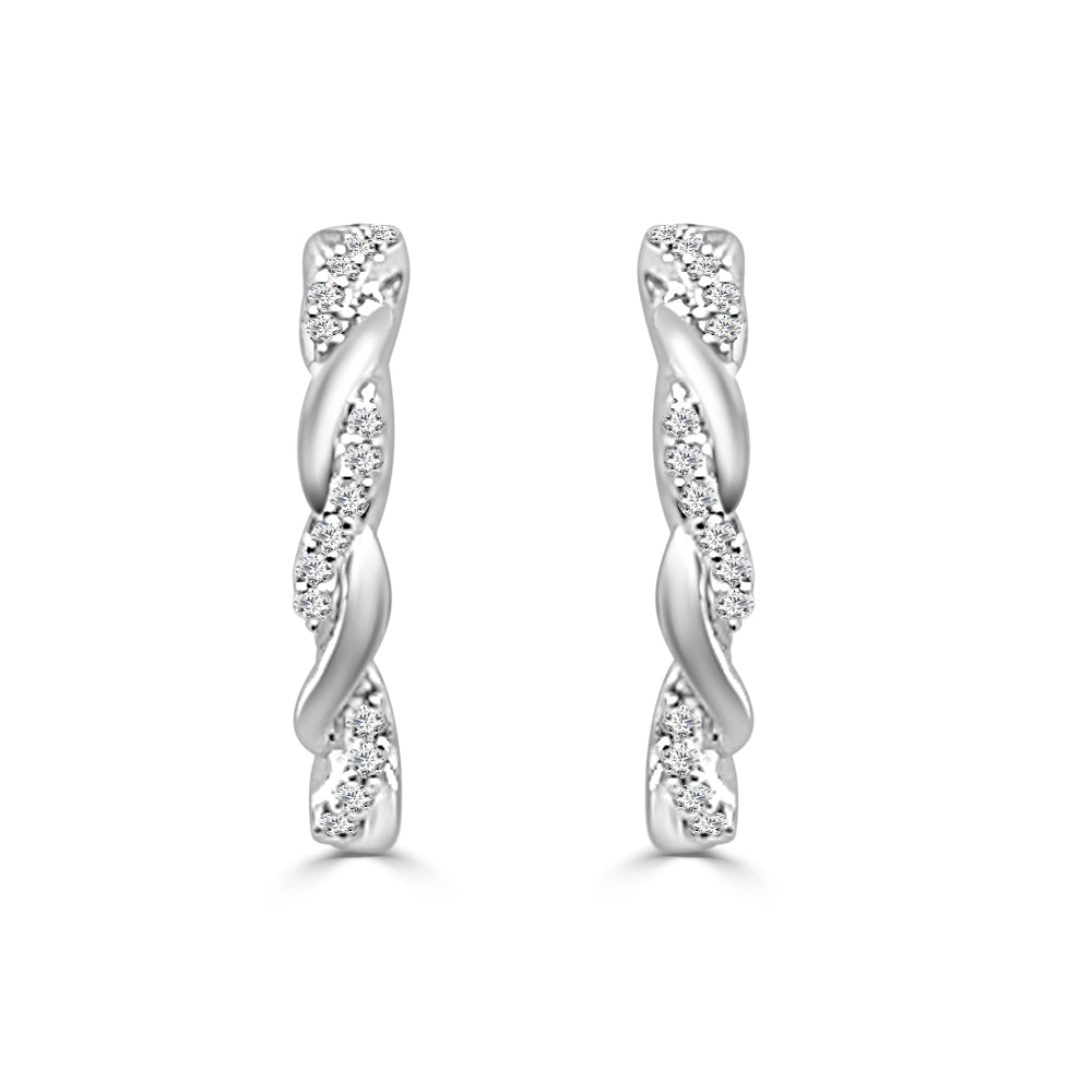 10K White Gold Twisted Huggie Earrings with Natural 0.10ct Round Diamond