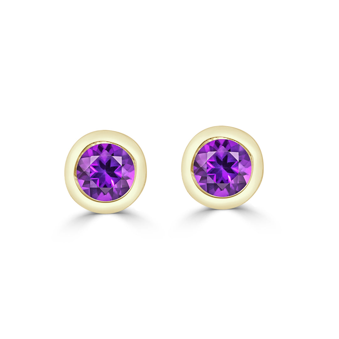 Stunning 14 Karat Yellow Gold Bezel Set Amethyst Earrings