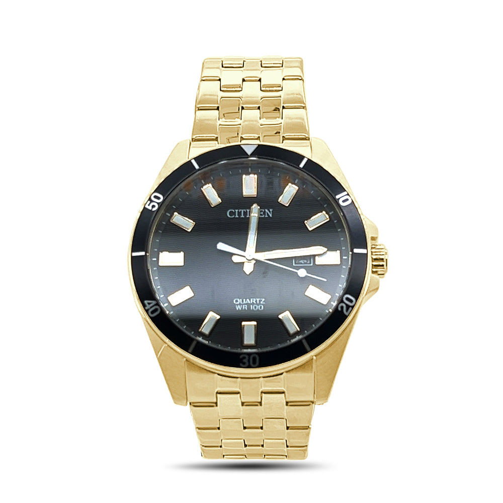 Citizen Mens Stainless Steel Yellow Quartz Watch with Black Dial