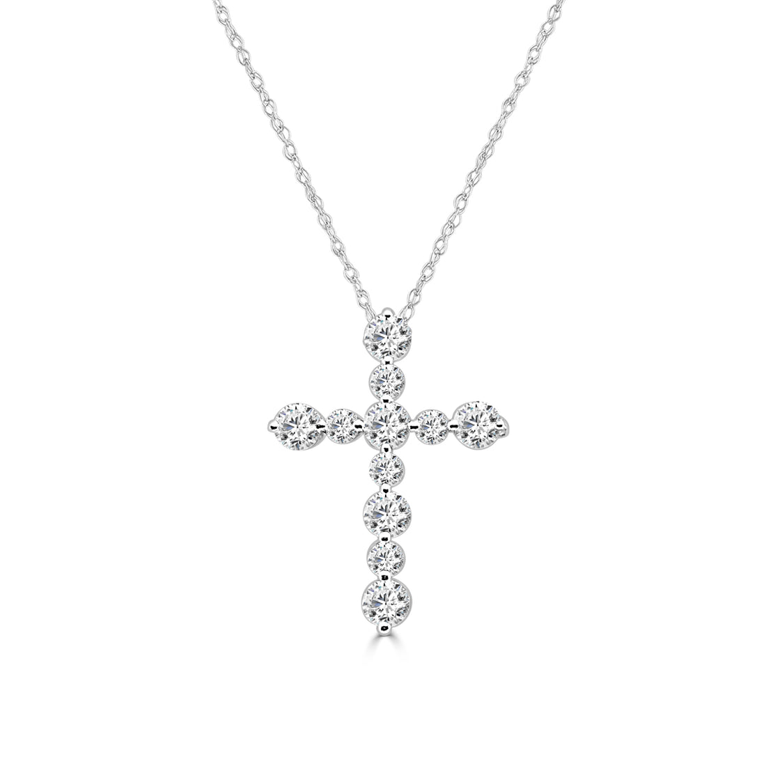 14K White Gold Necklace with Shared Prong Diamond Cross Pendant - 0.59 Carat Natural Diamond