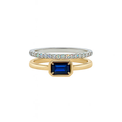 Emerald Shape Blue Sapphire &amp; Diamond Double Band Ring in 14 Karat Two-Tone Gold - 0.32 Carats