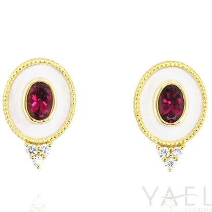 Regal Rubellite Earrings in 14 Karat Yellow Gold with White Enamel Oval Halo - 0.91 Carats