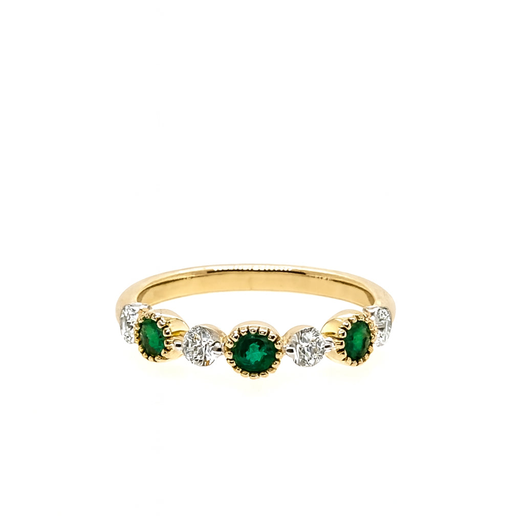 14K Yellow Gold Ladies Round Emerald and Diamond Ring