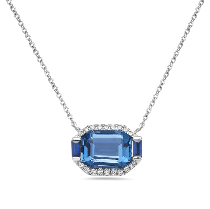 14 Karat White Gold Blue Topaz Emerald Shape Necklace - 1.73 Carat