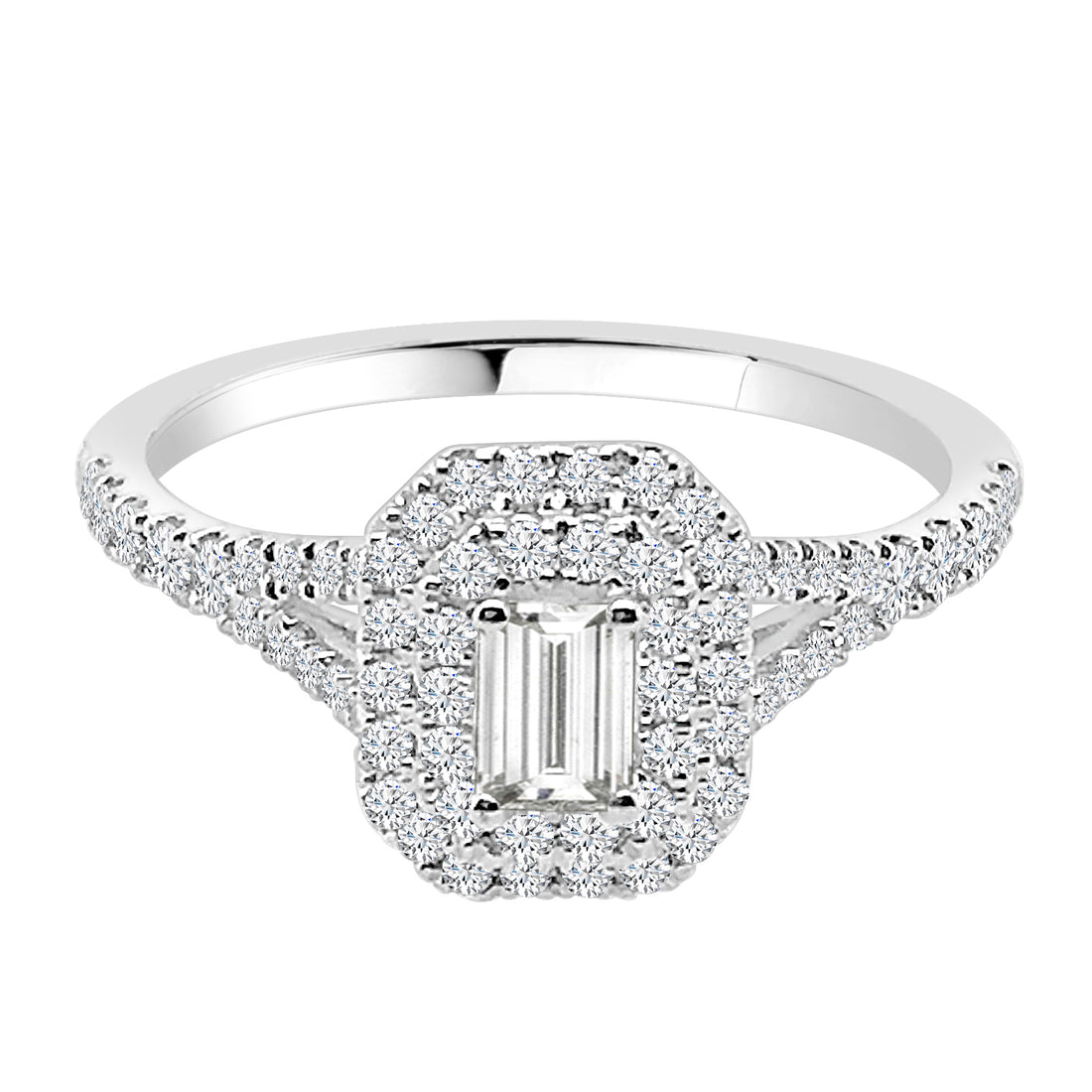 14K White Gold Emerald Double Engagement Ring with 0.82ct Natural Diamond