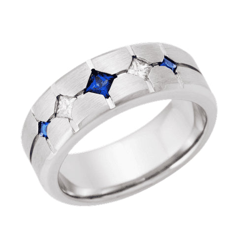 Sure, here is a product title for you: Cobalt Chrome Wedding Band with Bvled Fancy Blue Sapphire, Size 10 - 0.29ct