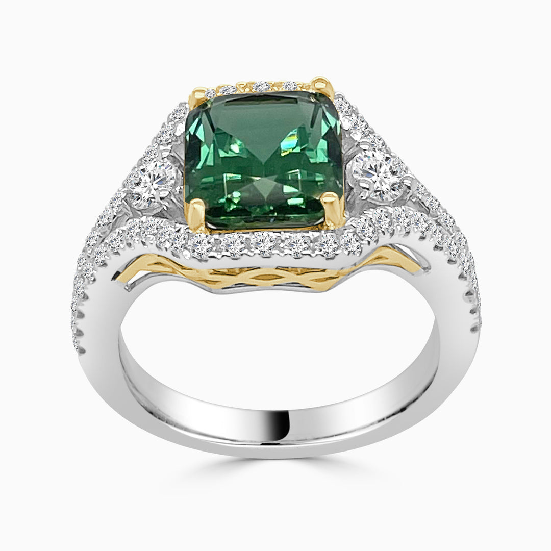 18 Karat Two-tone Split Shank Tourmaline Ring (3.26 Carat) in Unique Shape