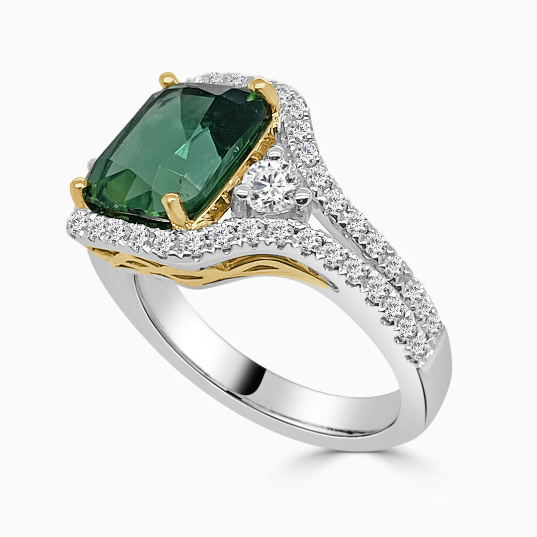 18 Karat Two-tone Split Shank Tourmaline Ring (3.26 Carat) in Unique Shape