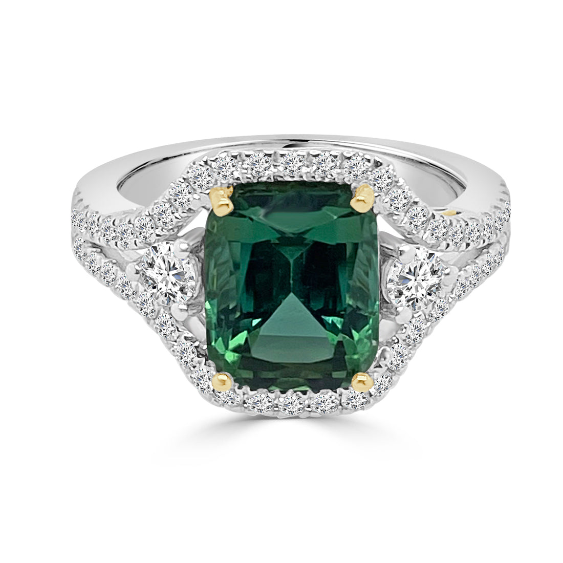 18 Karat Two-tone Split Shank Ring with Tourmaline 3.26 Carats