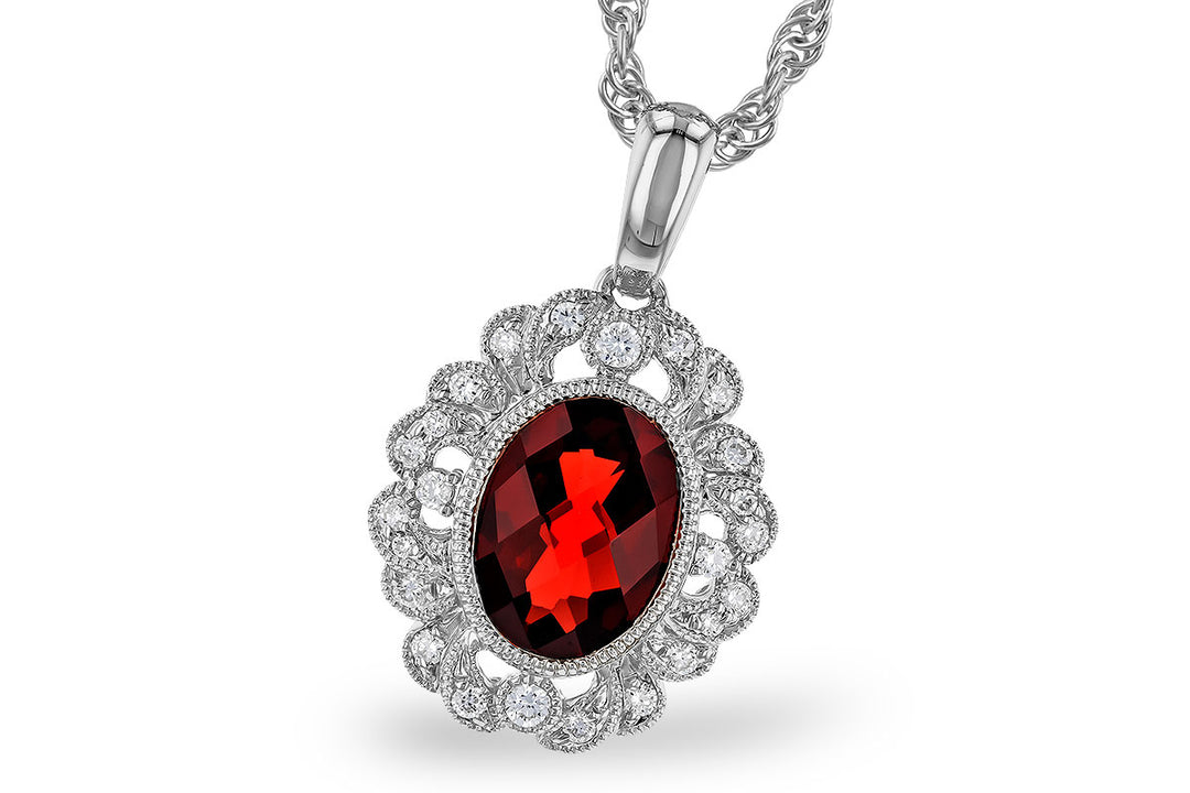 Oval Fancy Floral Halo Garnet Necklace in 14 Karat White Gold