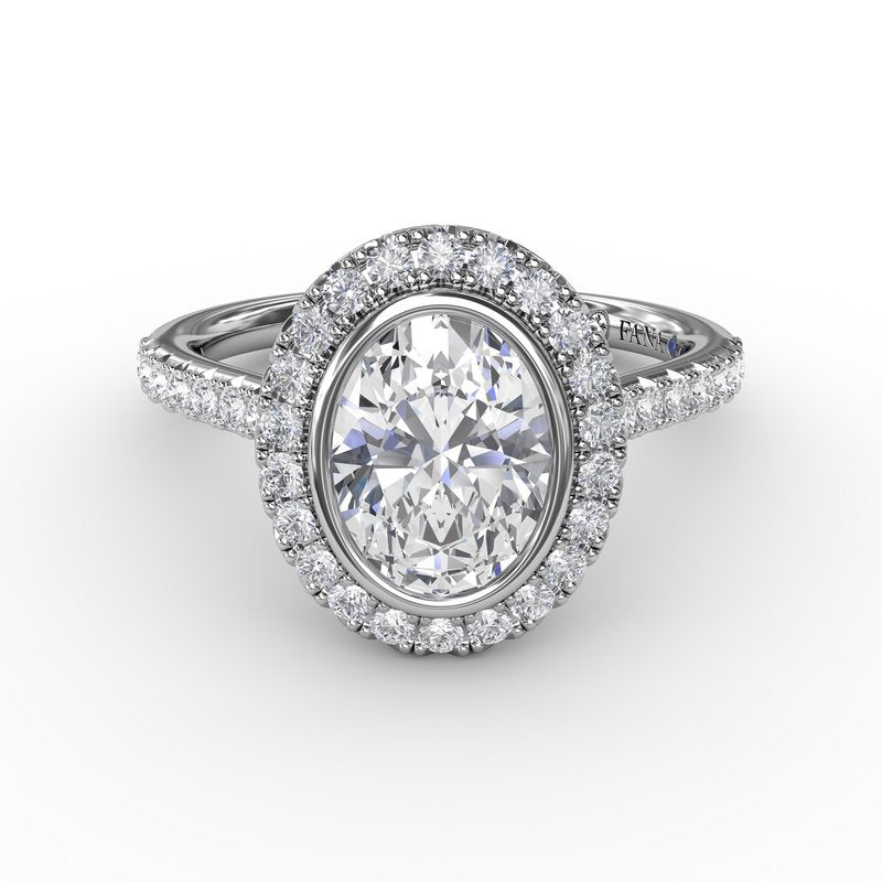 Elegant Oval Bezel Engagement Mounting in 14 Karat White Gold with Sparkling Cubic Zirconia