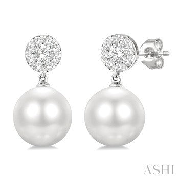 14 Karat White Gold Freshwater Pearl Drop Earrings with Round Gemstone Accent