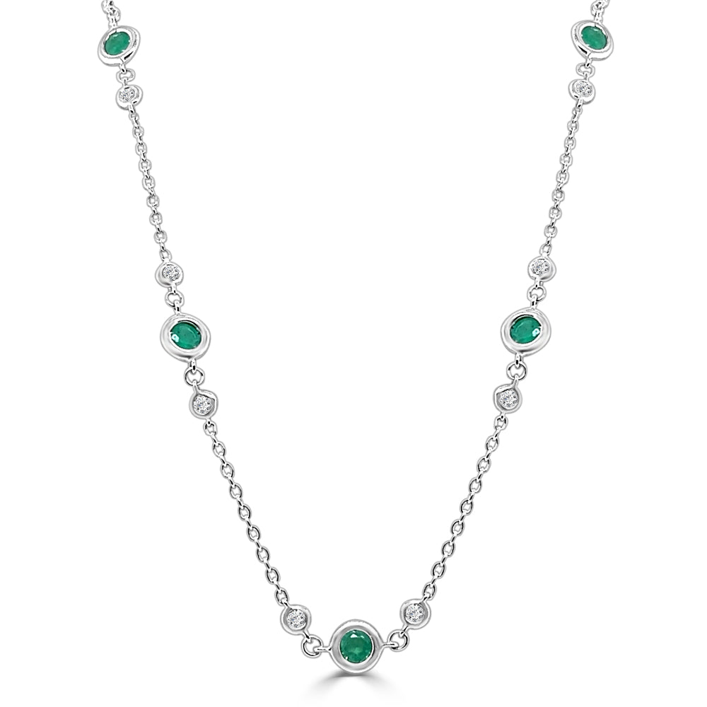 Dazzling Diamond and Emerald Station Necklace in 14 Karat White Gold - Round Shape, 1.80 Carat