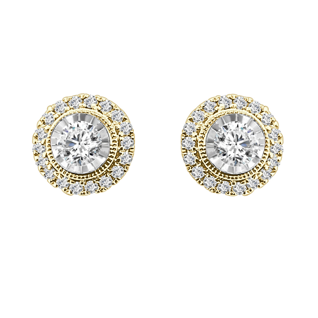 Vintage Halo Stud Earrings in 10 Karat Yellow Gold with 0.50 Carat Natural Diamond