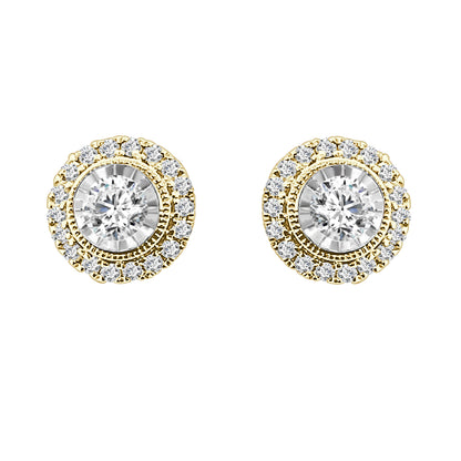Vintage Halo Stud Earrings in 10 Karat Yellow Gold with 0.50 Carat Natural Diamond