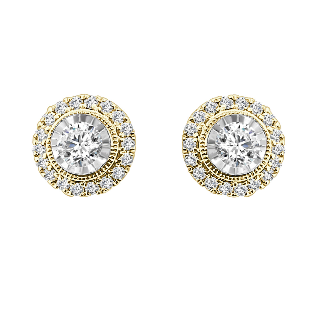 Vintage Halo Stud Earrings - 10 Karat Yellow Gold with 0.50 Carat Natural Diamond