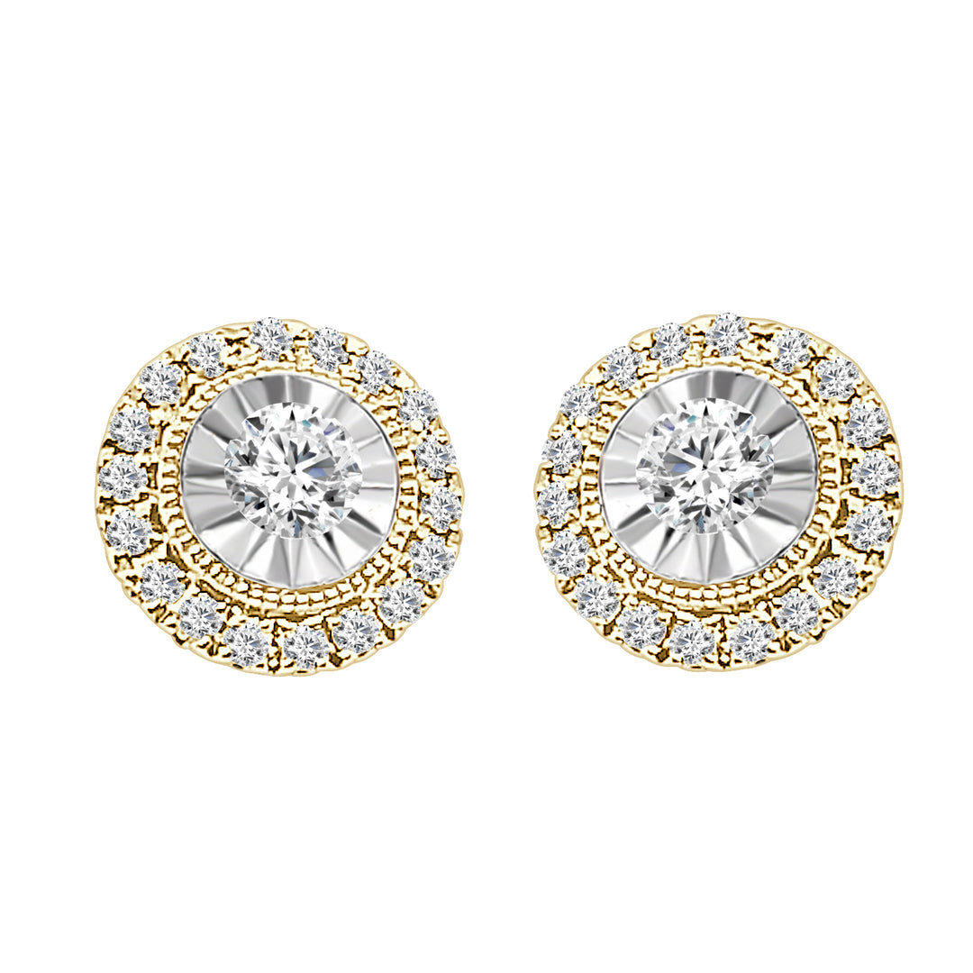 Vintage Halo Stud Earrings - 10 Karat Yellow Gold with 0.50 Carat Natural Diamond