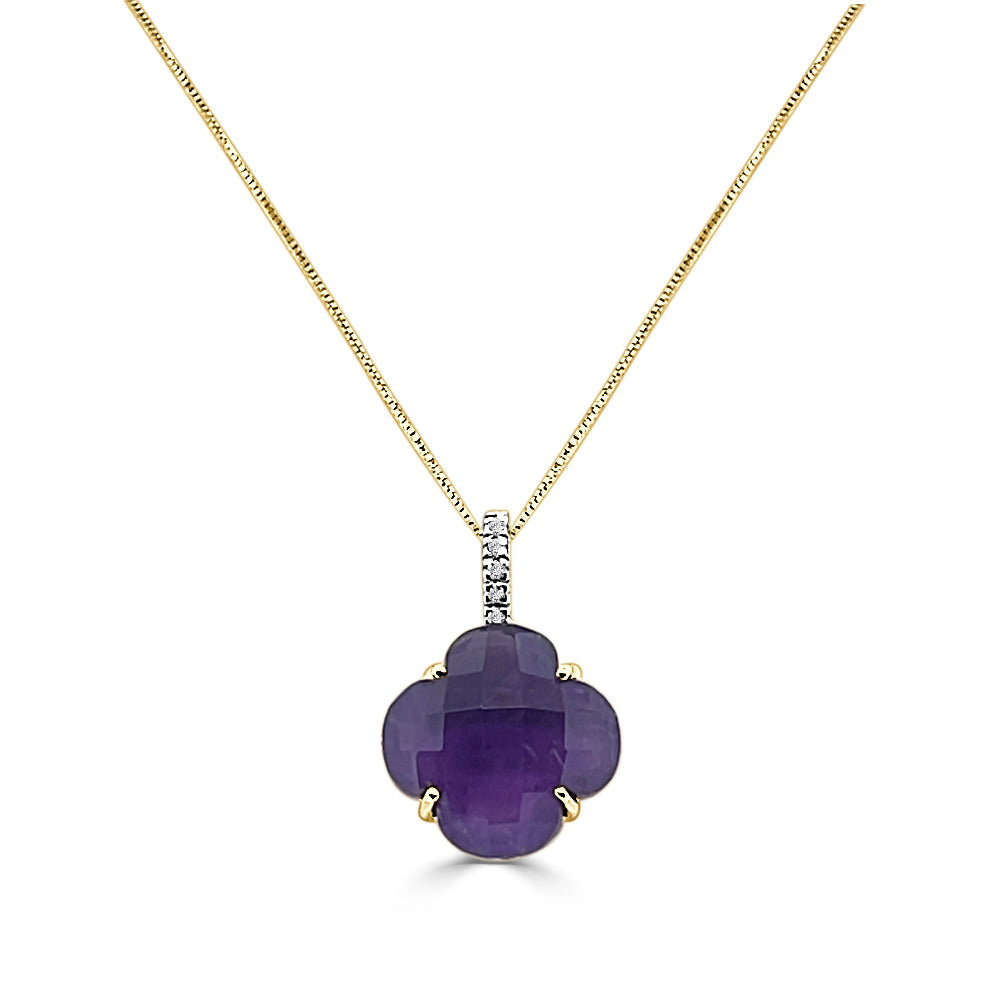 Luxurious 14 Karat Yellow Gold Amethyst and Diamond Crisscut Necklace - Stunning Amethyst in Crisscut Shape with Brilliant Diamond Accents