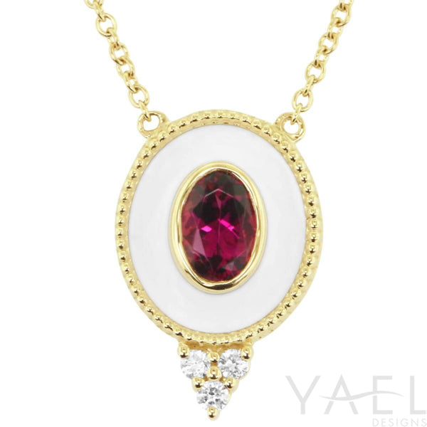 Regal Rapture: 14 Karat Yellow Gold Oval Halo Necklace with Rubellite (0.48ct) and White Enamel Accents