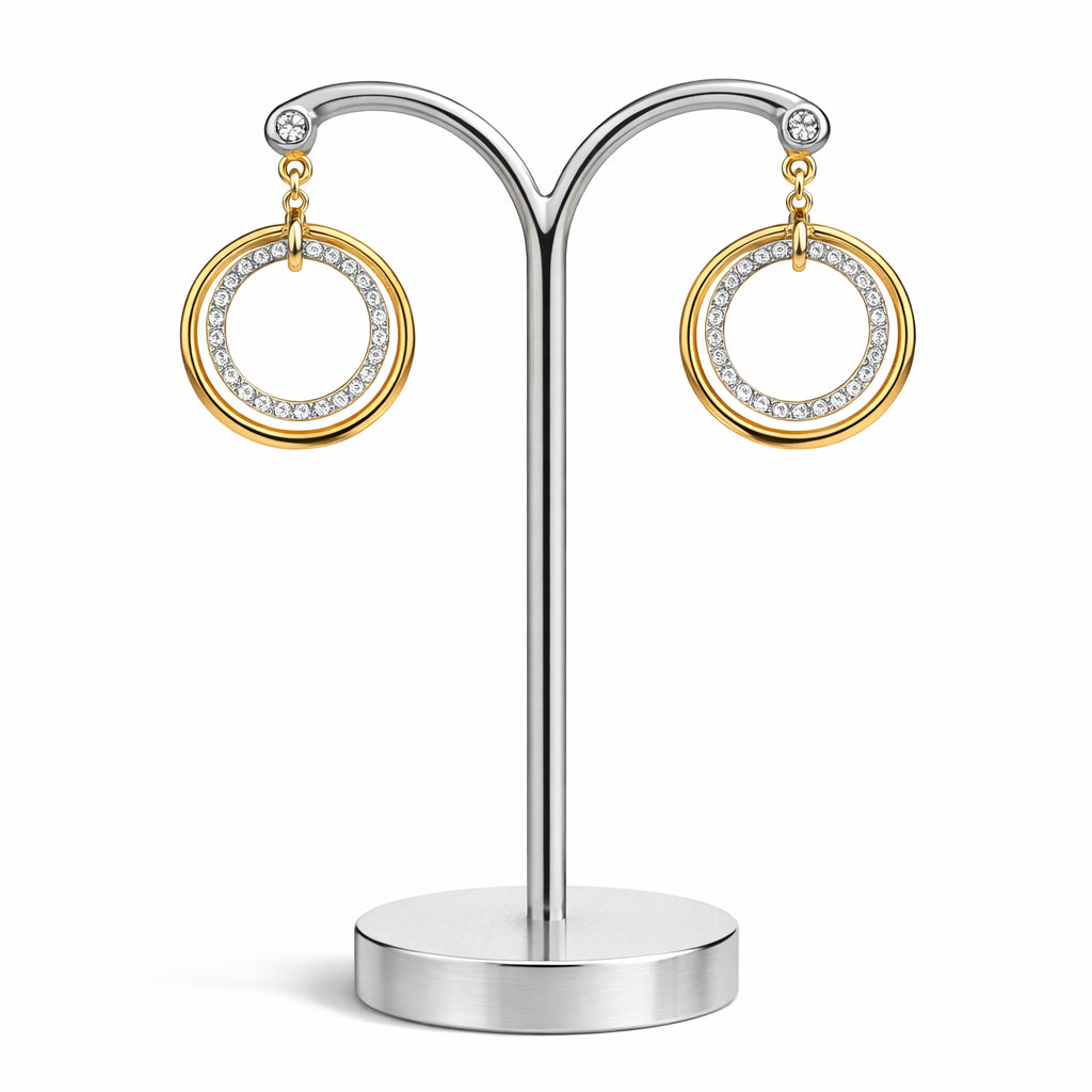 14 Karat Two-Tone Double Circle Drop Earrings with Round Natural Diamonds