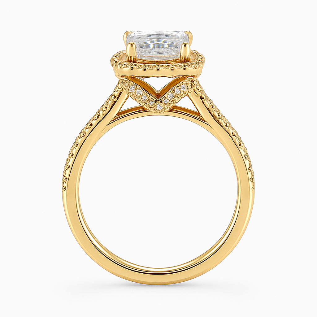 Christmas Splendor: 14K Yellow Gold Split Shank Engagement Ring with 3.00 Lab Diamond Emerald Shape