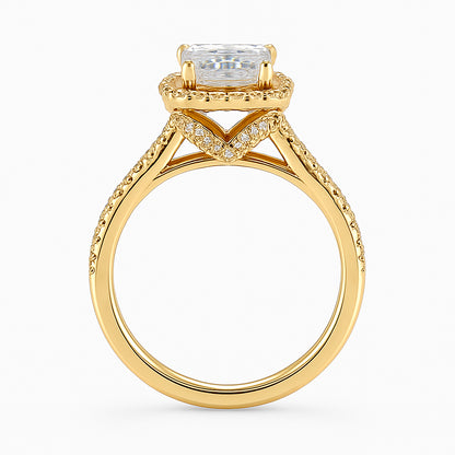 Christmas Splendor: 14K Yellow Gold Split Shank Engagement Ring with 3.00 Lab Diamond Emerald Shape