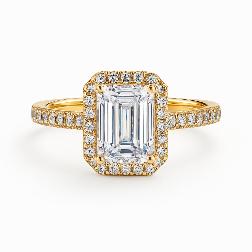 Christmas Splendor: 14K Yellow Gold Split Shank Engagement Ring with 3.00 Lab Diamond Emerald Shape