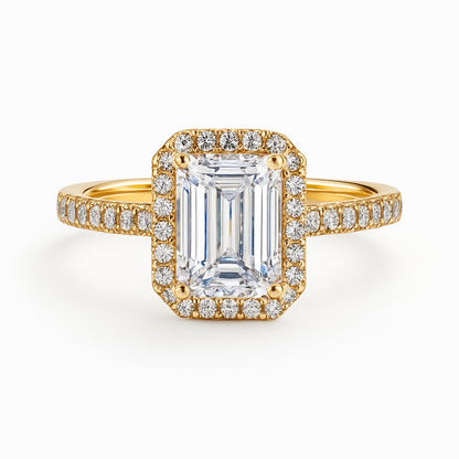 Christmas Splendor: 14K Yellow Gold Split Shank Engagement Ring with 3.00 Lab Diamond Emerald Shape