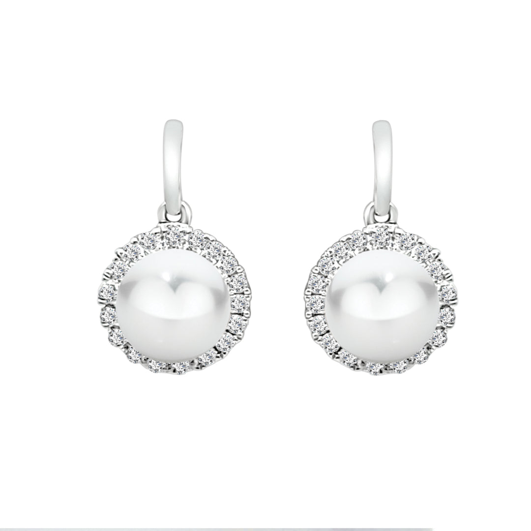 Sparkling Diamond Halo Earrings in 14K Yellow Gold with Elegant Pearl Accent